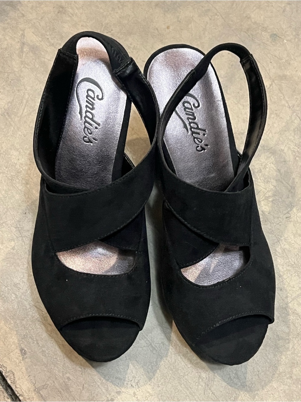 Candie's Black Suede Peep-Toe Slingback Heels